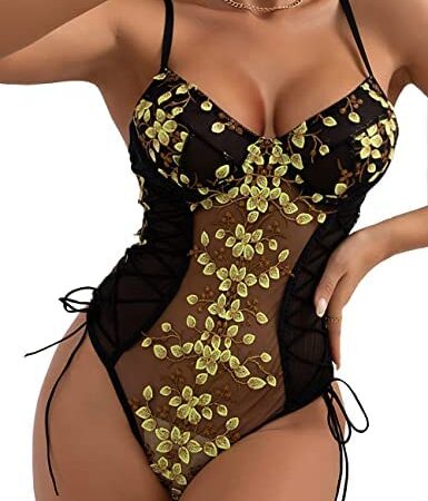 comeondear Lingerie Bodysuit One Piece Leotard Floral Teddy Mesh Bodysuit With Underwire Lace Up Embroidered Top Lingerie