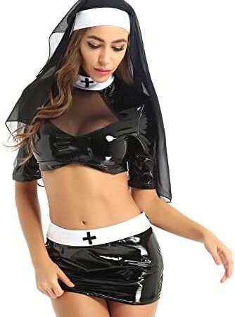 FEESHOW Womens Naughty Halloween Nun Cosplay Lingeries Outfit Sexy Wet Look Faux Leather Costumes