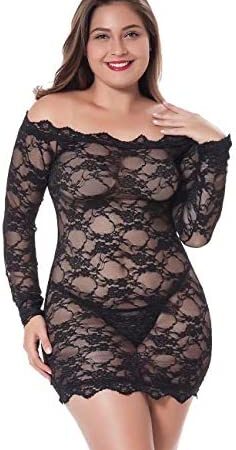 LINGERLOVE Womens Plus Size Sexy Chemise Lingerie Floral Lace Off Shoulder See Through Bodysuit