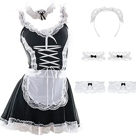 JasmyGirls Women's Sexy French Maid Costume Anime Cosplay Lingerie Outfits Roleplay Dress Naughty Lace Apron