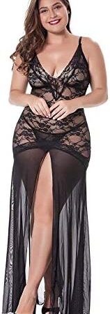 LINGERLOVE Plus Size Lingerie for Women Sexy Split Maxi Long Gown Sheer Dress Black