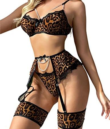 Aranmei Sexy Lingerie for Women Naughty 4 Piece Lace Lingerie Set with Thigh Cuffs