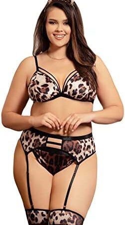 ohmydear Women's Leopard Lingerie Sets With Garter Belt And Suspender Strappy Plus Size Bra And Panties Sets Sexy Outfits High Waisted Underwear 4 Pieces Set