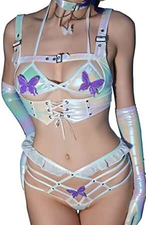 MEOWCOS Women Sexy Lingerie Set Butterfly Decorated Sleepwear Costumes Flirty Bra and Panties with Necklace Corset and Gloves