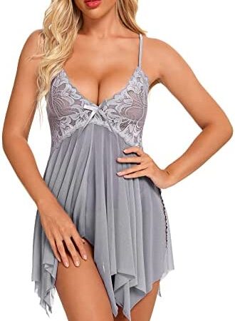 BESDEL Womens Sexy Lace Lingerie Set V Neck Sheer Asymmetrical Babydoll with G-String