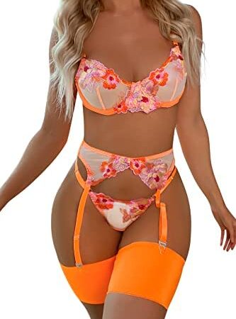 Aranmei Lingerie Set for Women 4 Piece Lingerie Set with Floral Embroidered Lace Sheer Underwire Bra with G-String Thigh Bands with Garter Belt Lingerie Set