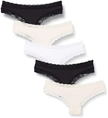 Iris & Lilly Women's Cotton and Lace Thong Knickers, Pack of 5