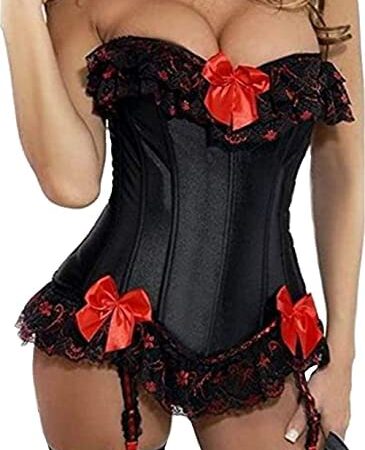 Kelvry Women's Gothic Satin Lace up Boned Bustier Corset Top with Suspenders Plus Size 6-24 Black