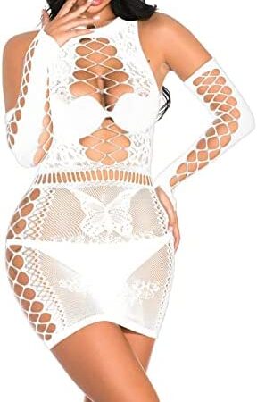 ROSVAJFY Women Fishnet Lingerie Mini Dress Mesh Babydoll Chemise, One Piece Tight-Fitting Bodycon Nightwear with Removable Sleeves, Hollow-Out Stretch Sleepwear for Halloween Party