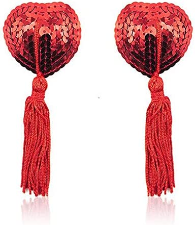 ROSVAJFY Women Sexy Sequin Nipple Covers,Breast Pasties Self Adhesive Silicone Breast Petals, Reusable Bra Stickers with Tassel for Halloween Cosplay Costume Lingerie Christmas Accessory(Black Red)