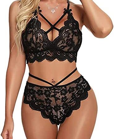 Women Sexy Lingerie, See Through Sheer Lace Bra and Panties Set, Bralette Strappy Underwear Outfits 2 Piece Babydoll Bodysuit Nightwear Bikini Crochet Pajamas for Valentines Christmas