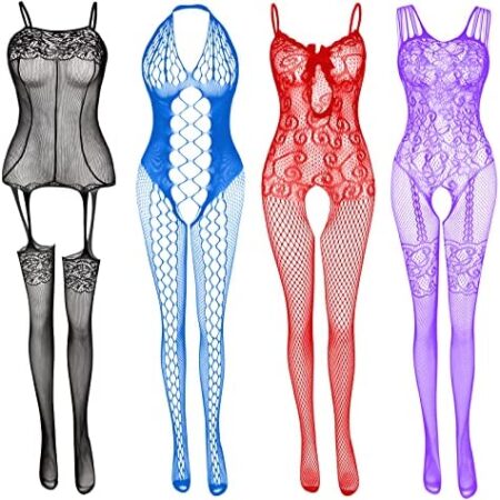 Women's Lace Stockings Lingerie Floral Fishnet Bodysuits Lingerie Nightwear for Romantic Date Wearing (4 Pack)