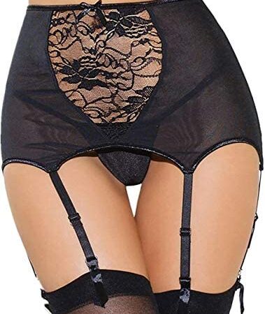 ohyeahlady Women High-Waisted Lace Garter Belt Mesh Suspender Belt with G-String Thong Sexy Lingerie