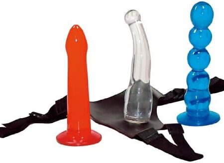 Orion Strap-On! 522740 Interchangeable Strap-On Dildo Set 4-Piece Crotchless Thong with 3 Dildos Lubricated Jelly Material Red / Blue / Transparent