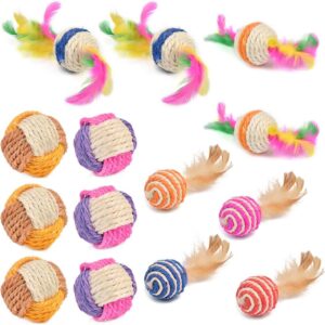 14 PCS Cat Toy Ball, Cat Toy Sisal Balls, Interactive Cat Ball, Colorful Weave Ball with Feathers, Sisal Ball Cat Toy Indoor Pet Cat Ball for Kitty and Cats Training Playing Chewing