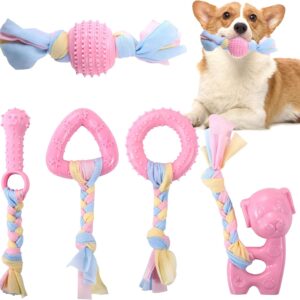 FUYOAL Puppy Dog Teething Toys, 5 Pieces Puppy Chew Toy Set with Ball and Colorful Ropes Rubber Chews Toys Dog Toys Indestructible for Small Puppies and Medium Dogs(Pink)