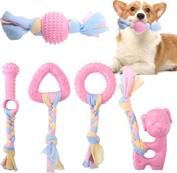 FUYOAL Puppy Dog Teething Toys, 5 Pieces Puppy Chew Toy Set with Ball and Colorful Ropes Rubber Chews Toys Dog Toys Indestructible for Small Puppies and Medium Dogs(Pink)