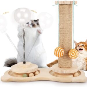 5 in 1 Interactive Cat Toy, Cat Scratching Post with Hanging Balls, Wooden Cat Ball Toy with Cat Post, Spring, Treat Ball, Cat Track Ball Toy, Sisal Cat Scratcher Toy for Indoor Kitten Playing