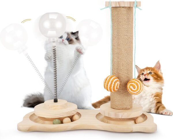 5 in 1 Interactive Cat Toy, Cat Scratching Post with Hanging Balls, Wooden Cat Ball Toy with Cat Post, Spring, Treat Ball, Cat Track Ball Toy, Sisal Cat Scratcher Toy for Indoor Kitten Playing