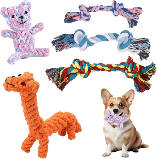 5Pcs Dog Rope Toys, Puppy Teething Chew Rope Toys from 8 weeks, Interactive Dog Teething Toys, Natural Cotton Dog Chew Toy Suit for Small Mediuem Dogs Tranning Teeth Cleaning