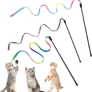 Amaxiu Cat Wand Toy Set, Interactive Cat Wand Toy with Rainbow Ribbon String, Rainbow Cloth String, Leopard Print Cloth String for Small Cats Kittens Indoor Training Catcher(3 Packs)