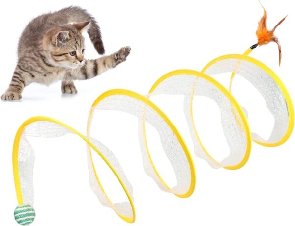 Andiker Cat Tunnel, S-Shape Collapsible Pet Interactive Play Toy with Feather Sisal Ball, Cat Tube Tunnel for Kitten Small Animals (ball)