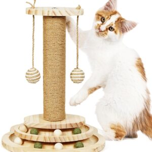 BELLE VOUS 2-in-1 Interactive Turntable Cat Toy - 2-Layer Indoor/Outdoor Cat Exerciser - Cat Scratching Post with Hanging Teaser Balls and Ball Track - Wood Interactive Toy for Kitten/Cat