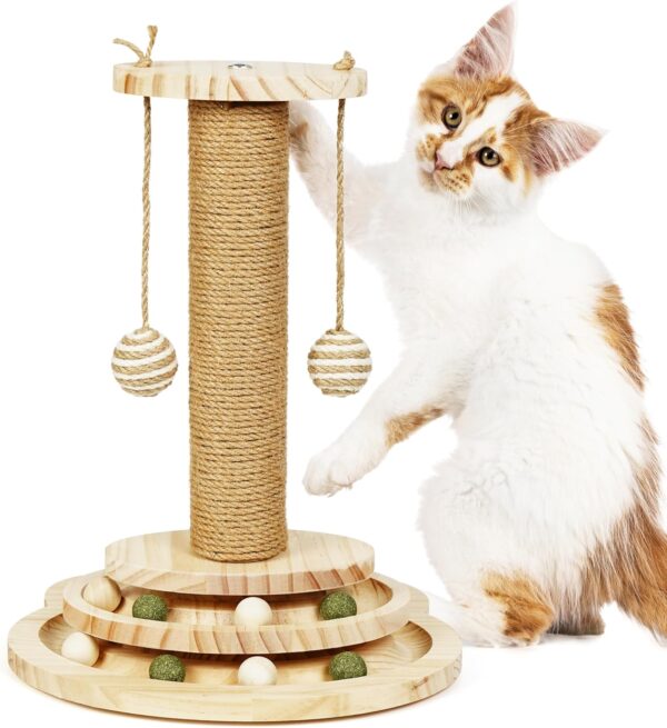 BELLE VOUS 2-in-1 Interactive Turntable Cat Toy - 2-Layer Indoor/Outdoor Cat Exerciser - Cat Scratching Post with Hanging Teaser Balls and Ball Track - Wood Interactive Toy for Kitten/Cat