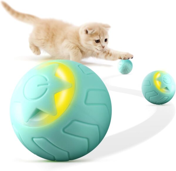 Baytion Interactive Cat Toy Ball, Cat Balls Automatic Moving Rolling Cat Toys for Indoor Cat Kitten, with 2 Modes, LED Lights Changeable, Type-C Rechargeable, Mint Green Green