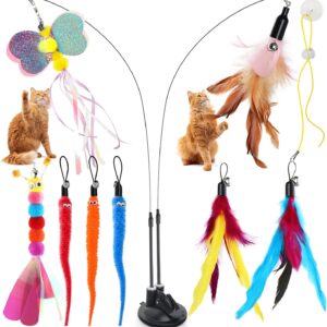 Bigqin Cat Feather Toys 12 Pcs Interactive Cat Toys, 8 Toys with Bells, 2 Cat Teaser Wand,1 Dual Head Removable Super Suction Cup, 1 Sticky Door Lanyard, Funny Kitten Training Toys Indoor Outdoor