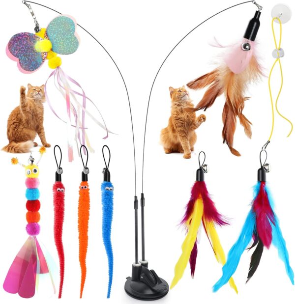 Bigqin Cat Feather Toys 12 Pcs Interactive Cat Toys, 8 Toys with Bells, 2 Cat Teaser Wand,1 Dual Head Removable Super Suction Cup, 1 Sticky Door Lanyard, Funny Kitten Training Toys Indoor Outdoor