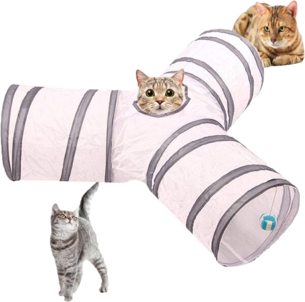 Cat Tunnel for Indoor Cats Interactive，Pet Toys Play Tunnels for Cats Kittens Rabbits Puppies Crinkle Collapsible (T-style-white)