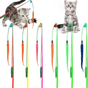 Cobee Cat Feather Toys, 6 Pcs Cat Feather Wands Interactive Worm Teaser Toy for Indoor Outdoor, Cat Interactive Wand Toys with Worm Refills and Cat Bells, Cat Kitten Wire Chaser Fun Toys