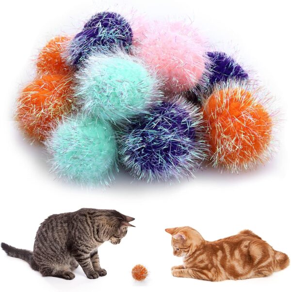 Cobee Large Cat Sparkle Ball Toys, 12 Pieces 2 Inch Cat Pom poms Ball Furry Cat Toy Balls Kitten Pompom Ball Interactive Play Toy for Indoor Cat Kitten