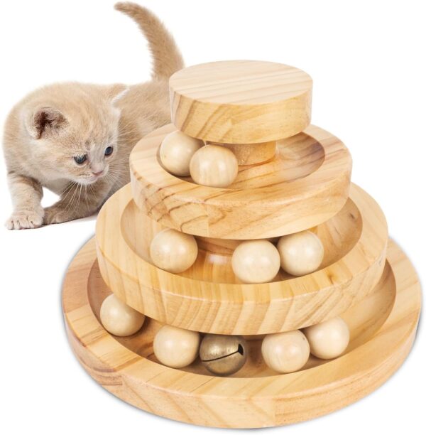 EasyStar Cat Toys for Indoor Cats, Wooden Cat Ball Toy with Three Layer Track, Interactive Cat Toy with Bell, Safe and Eco-Friendly, Indoor Cat Toys for Stimulation, Suitable for Cats Adult or Kitten