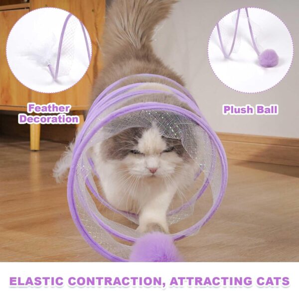 Folded Cat Tunnel Toys, S-shape Cat Tunnels for Indoor Cats Interactive Kitten Tent Play Tunnel Toy with Bell, Feather Collapsible Small Cat Spring Tunnel with Pom Small Pet Tube Tunnel (Purple)