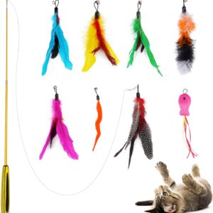 FurDreams Interactive Cat Wand Toy - Extendable Indoor Cat Toys, Feather Wand & Fishing Rod with 8 Colourful Bird Feathers & 2 Bonus Hooks for Engaging Play, Exercise, and Feline Activity