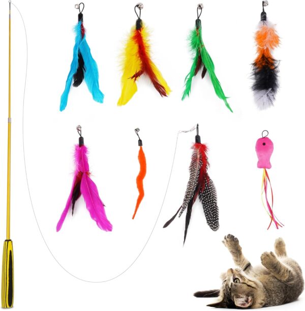 FurDreams Interactive Cat Wand Toy - Extendable Indoor Cat Toys, Feather Wand & Fishing Rod with 8 Colourful Bird Feathers & 2 Bonus Hooks for Engaging Play, Exercise, and Feline Activity