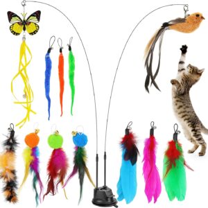 Hysagtek Cat Feather Toys, 15Pcs Interactive Kitten Toys Kits, Bird Feather Butterfly Worm Pet Teaser Wand for Indoor Cats, 12 Refills and 2 Retractable Cat Teaser Wand with 1 Super Suction Cup