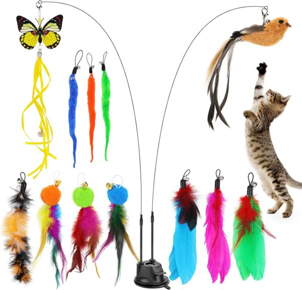 Hysagtek Cat Feather Toys, 15Pcs Interactive Kitten Toys Kits, Bird Feather Butterfly Worm Pet Teaser Wand for Indoor Cats, 12 Refills and 2 Retractable Cat Teaser Wand with 1 Super Suction Cup