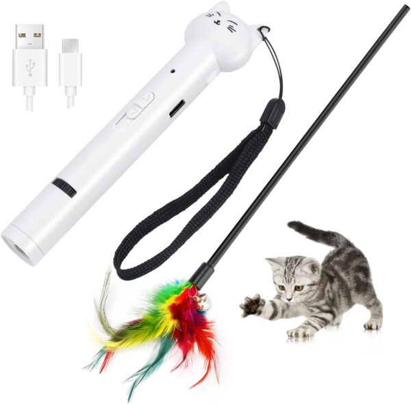 KETIEE Cat Toys LED Pointer, 8 in 1 Cats Tracker Wand USB Rechargeable Cat Pen Light Cat Feather Toys Interactive Cat Chaser Toys for Indoor Cats Kittens Pet Training Exercise Tool