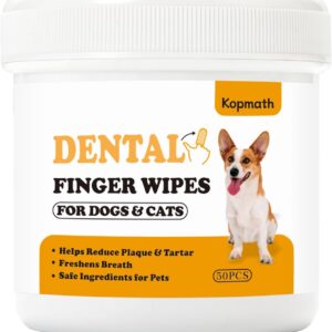 Kopmath Dental Care Finger Wipes for Dogs & Cats, Reduces Plaque & TartarFreshens Breath, Pre-Soaked Pet Teeth Wipes, Easy to Use Disposable Oral Cleaning Pads, 50 Count