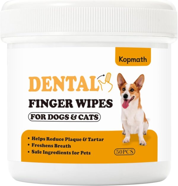 Kopmath Dental Care Finger Wipes for Dogs & Cats, Reduces Plaque & TartarFreshens Breath, Pre-Soaked Pet Teeth Wipes, Easy to Use Disposable Oral Cleaning Pads, 50 Count