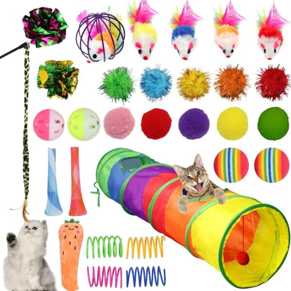 Lilwemen Cat Interactive Toys, 30 PCS Cat Kitten Toys Set Including Cat Tunnel, Fluffy Mouse, Cat Catnip Toy, Mice, Colorful Crinkle Balls and Bells, Interactive Toys Pack for Indoor Cats