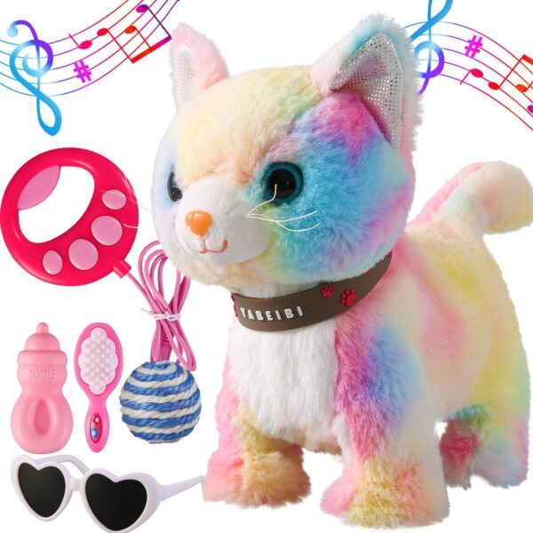 Marsjoy Colorful Leash Walking Cat Set Singing That Purrs and Meows Animated Plush Robot Kitten Moving Plush Realistic Stuffed Animal Remote Control Cute Kawai Robotic Kitty Toy for Girl