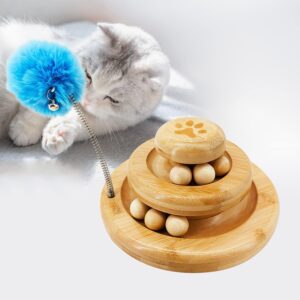 MaxAwe 2-in-1 Interactive Cat Roller Toy, 2x Levels 6x Balls Cat Towers Tracks Toy with 1x Cat Teaser Toy, Wooden Exerciser Fun Pet Interactive Bamboo Toy for Puppy and Kitten etc