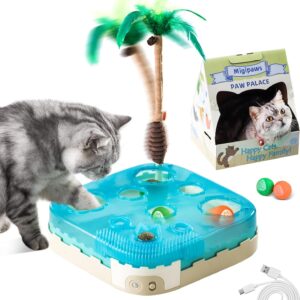 Migipaws Cat Toy,7-in-1 Automatic Interactive Kitten Toys Pack,Rolling Ball,Cat Feather Wand,Catnip Ball,Cat Self Grommer,Cardboard Cat House,Rechargeable,Paw Palace for Indoor Cats