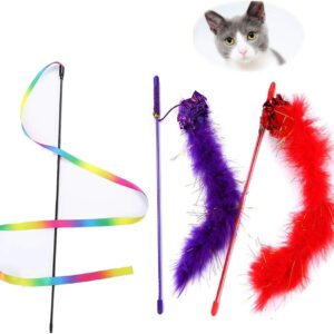 NEKOSUKI Cat Wand and Rainbow Toy, 2Pcs Interactive Cat Teaser Feather Wand with Sound Paper and 1Pcs Rainbow Ribbon Wand for Kitten Cat Having Fun Exerciser Playing