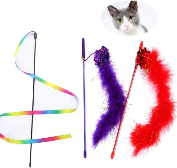 NEKOSUKI Cat Wand and Rainbow Toy, 2Pcs Interactive Cat Teaser Feather Wand with Sound Paper and 1Pcs Rainbow Ribbon Wand for Kitten Cat Having Fun Exerciser Playing