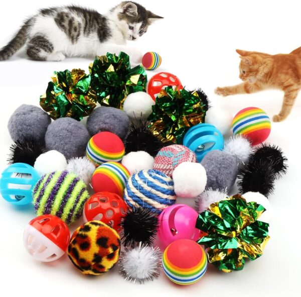 QUOZUO Cat Toys Balls, 38 PCS Kitten Ball Toys Assortments Including Rainbow Ball, Crinkle Ball, Sparkle Ball, Bell Balls, Sisal Ball, Linen Ball, Furry Toys Balls